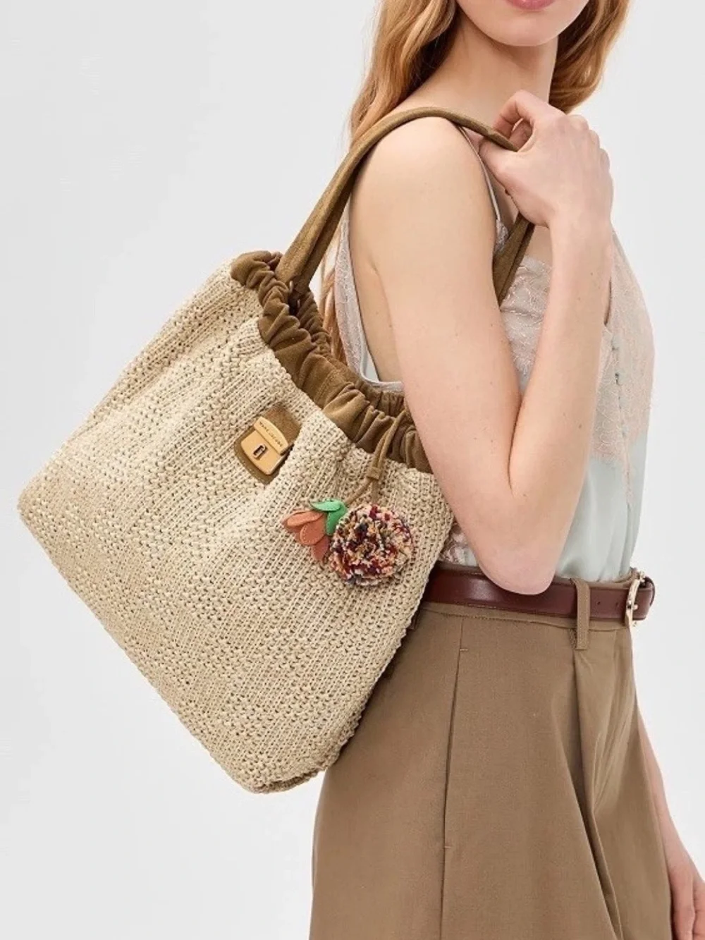 Marc Jacobs Summer Woven Cristina Tote Natural Raffia Suede Shoulder Bag